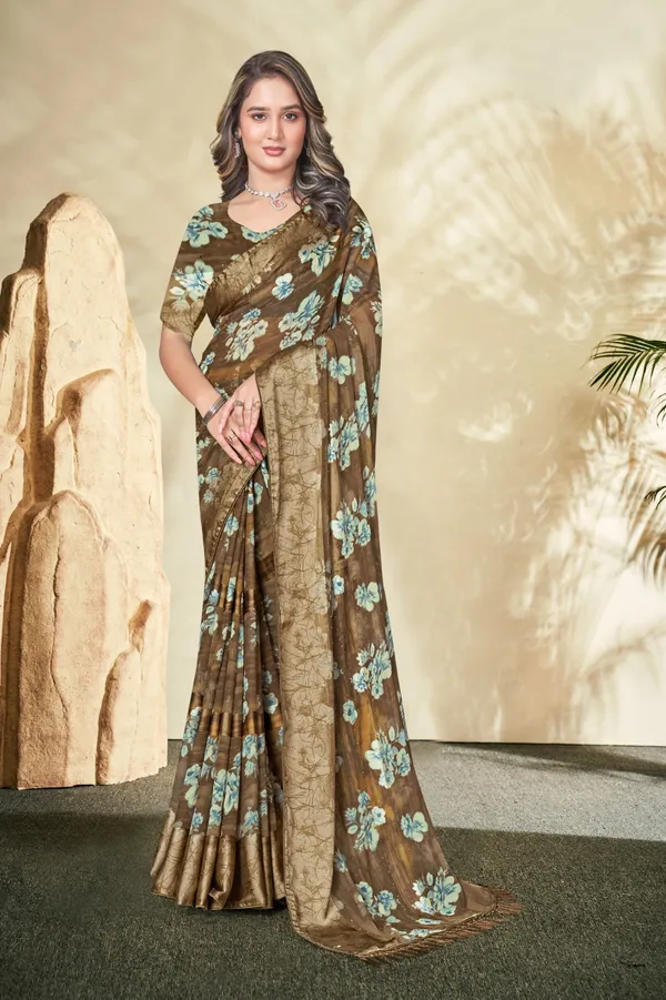 Elegant_Brown_Floral_Embroidered_Organza_Saree_With_Golden_Border