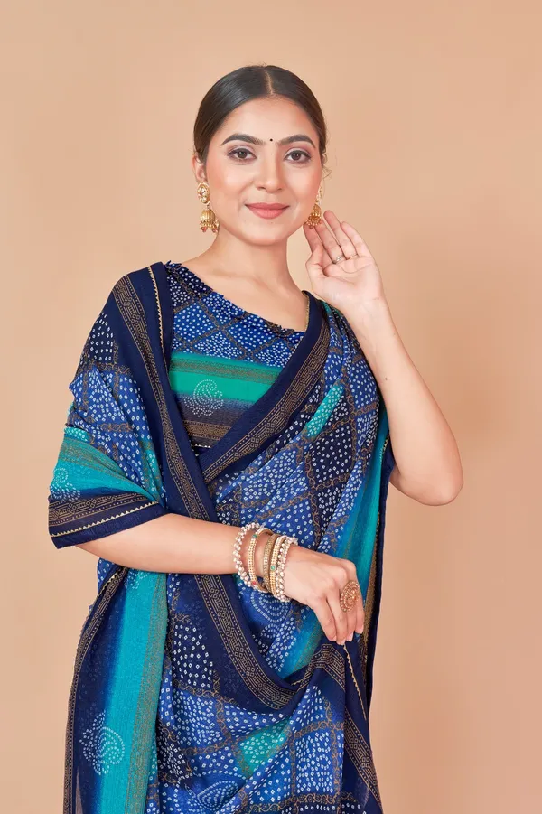 Blue_And_Green_Bandhani_Print_Silk_Saree_With_Striped_Border