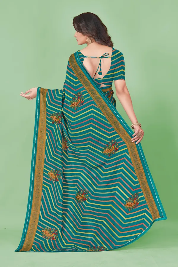 Teal_Green_Leheriya_Print_Georgette_Saree_With_Floral_Embroidery_And_Golden_Border