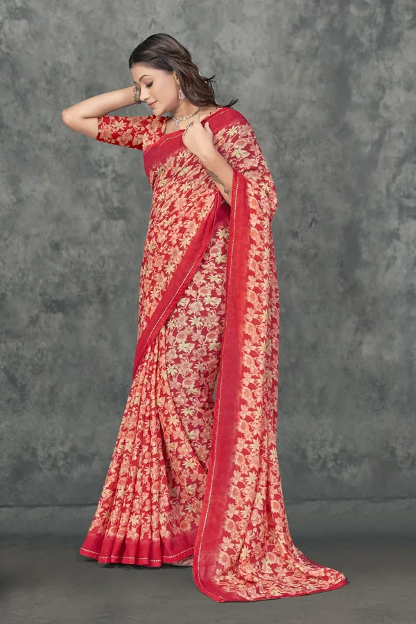 Red_And_Beige_Floral_Print_Saree_With_Blouse