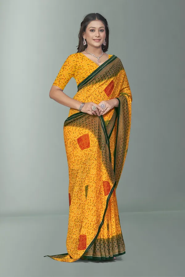 Yellow_Bandhani_Saree_With_Green_Border_And_Patchwork