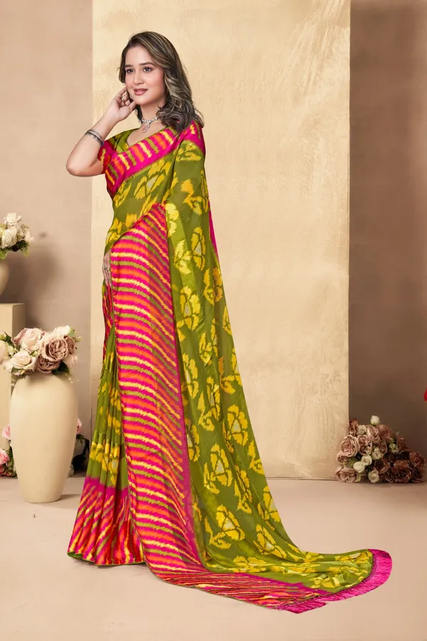 Vibrant_Green_And_Pink_Floral_Printed_Saree_With_Striped_Border