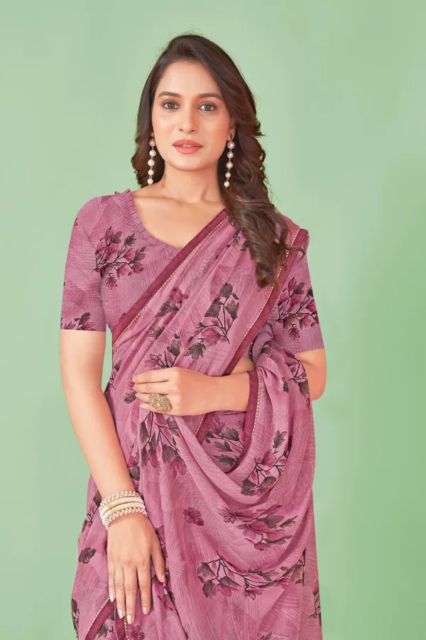 Pink_Floral_Print_Saree_With_Blouse_Piece