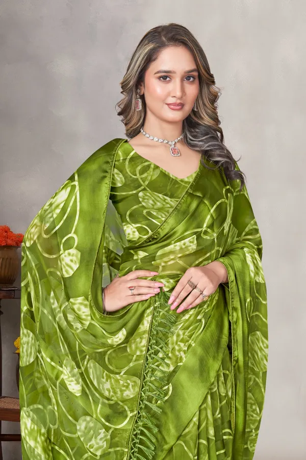 Olive_Green_Satin_Silk_Saree_With_Floral_Print