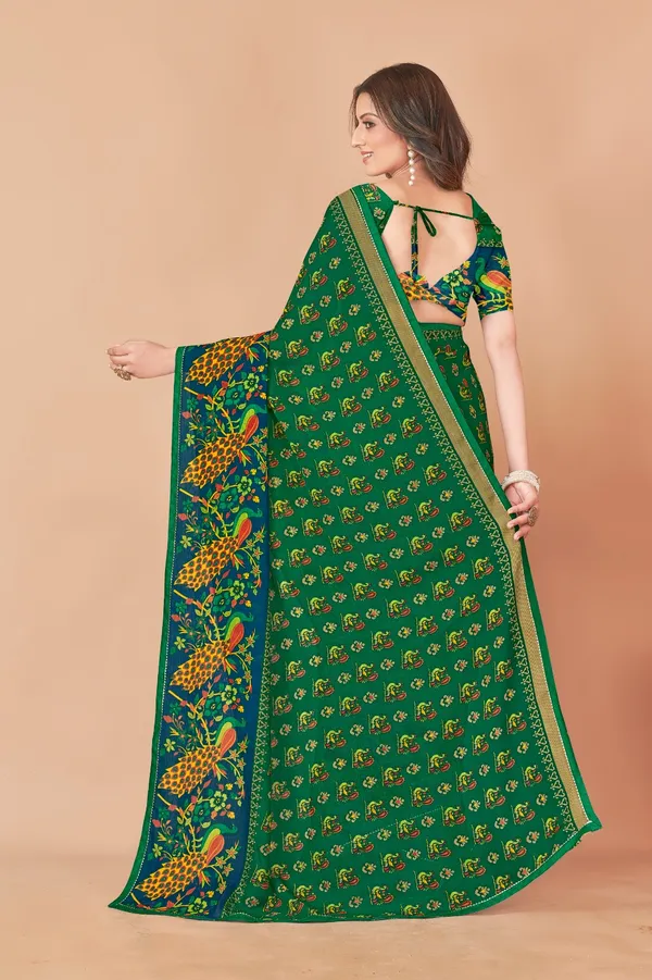 Traditional_Green_Floral_Printed_Saree_With_Peacock_Motif