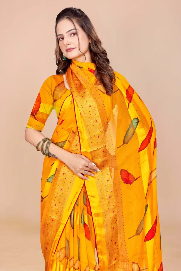 Yellow_Printed_Saree_With_Embellished_Border_And_Matching_Blouse