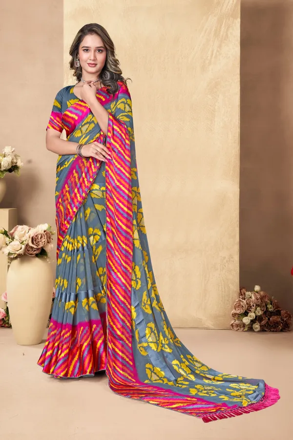 Grey_And_Yellow_Printed_Saree_With_Pink_Border