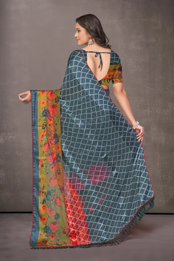 Multicolor_Checkered_Floral_Print_Saree_With_Blouse