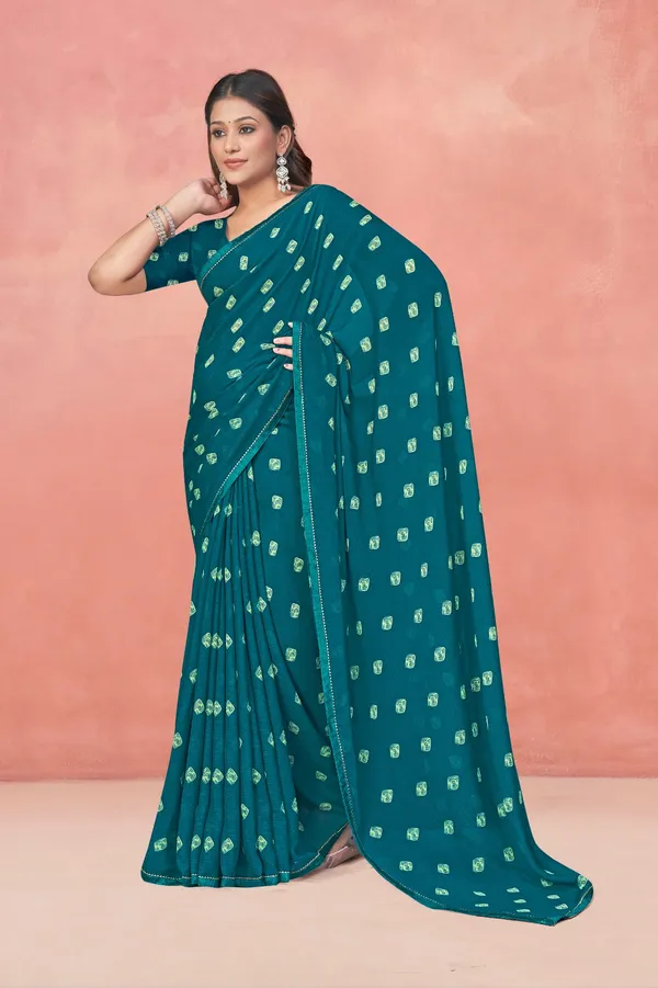 Teal_Green_Foil_Printed_Saree_With_Blouse