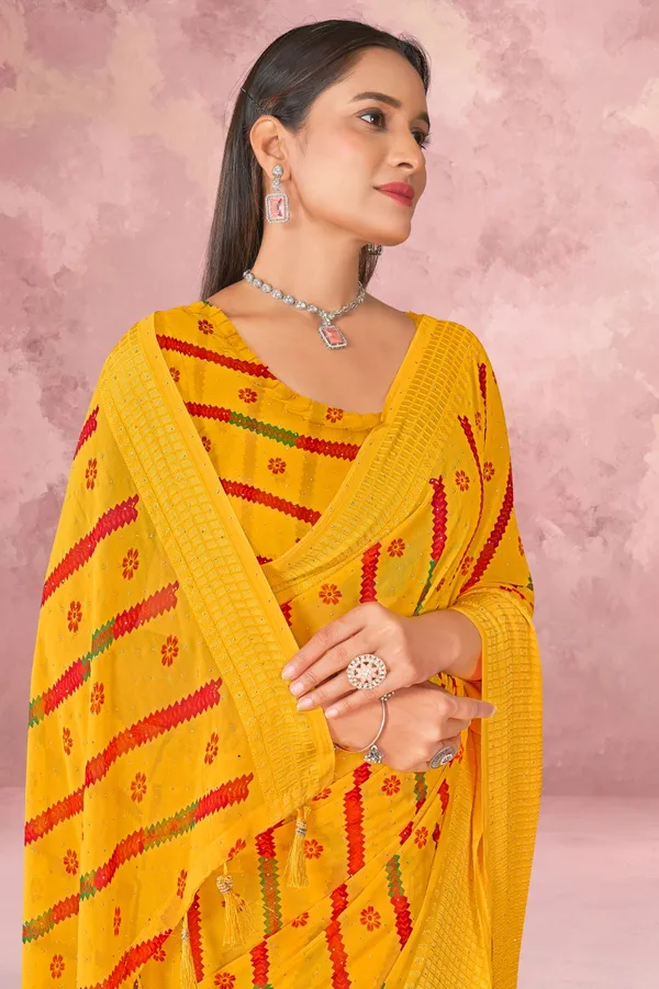 Yellow_Bandhani_Print_Georgette_Saree_With_Red_Leheriya_Pattern