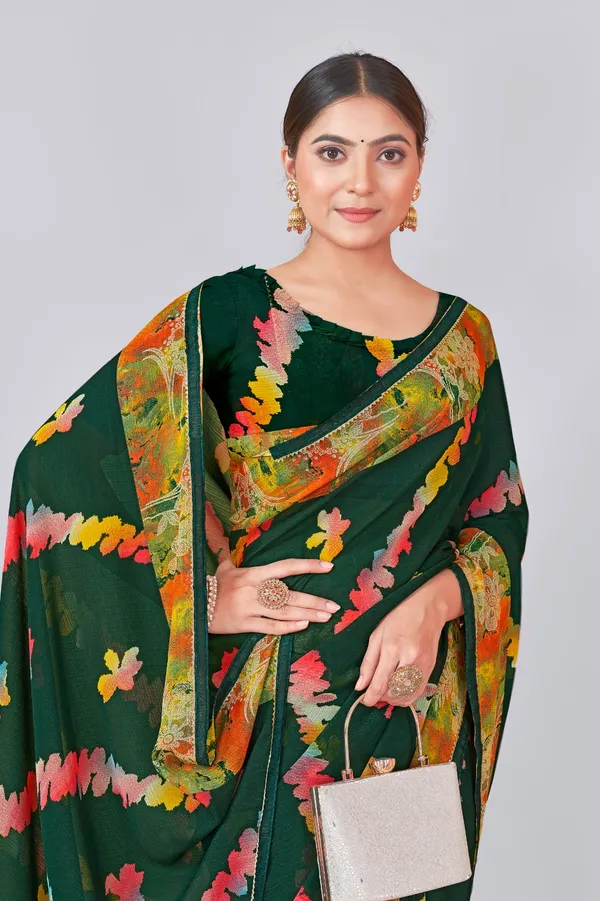 Dark_Green_Floral_Embroidered_Saree_With_Contrast_Border