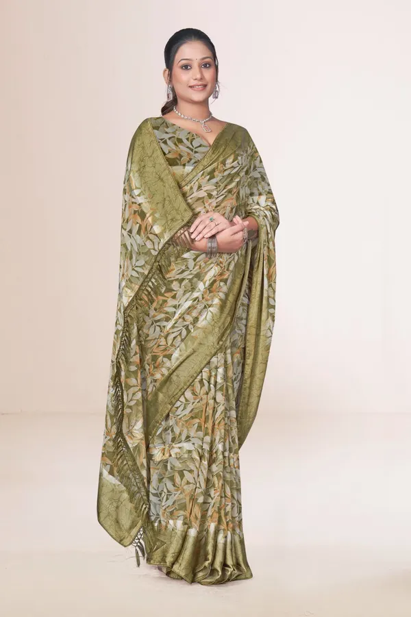 Olive_Green_Floral_Print_Saree_With_Leaf_Pattern_And_Border