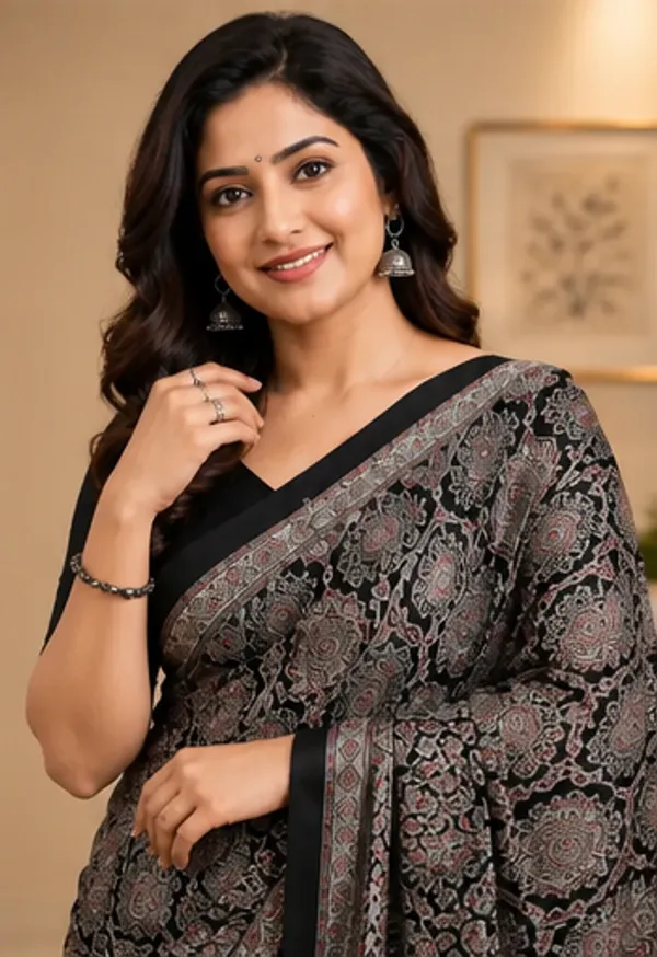 Mavanyam_Black_`Grey_Ajrakh_Silk_Saree