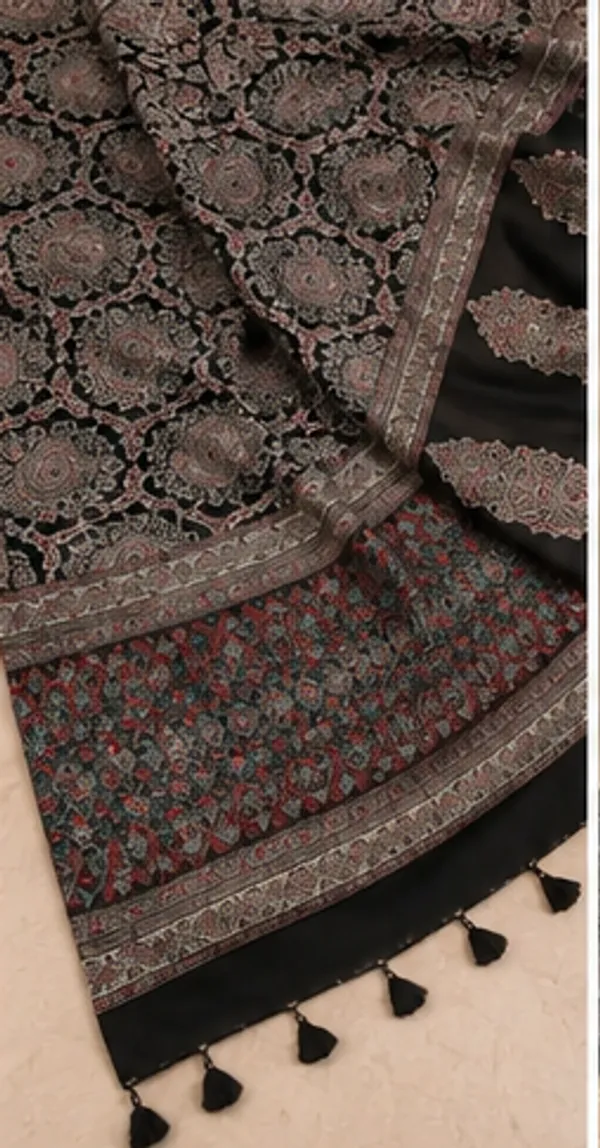 Mavanyam_Black_`Grey_Ajrakh_Silk_Saree
