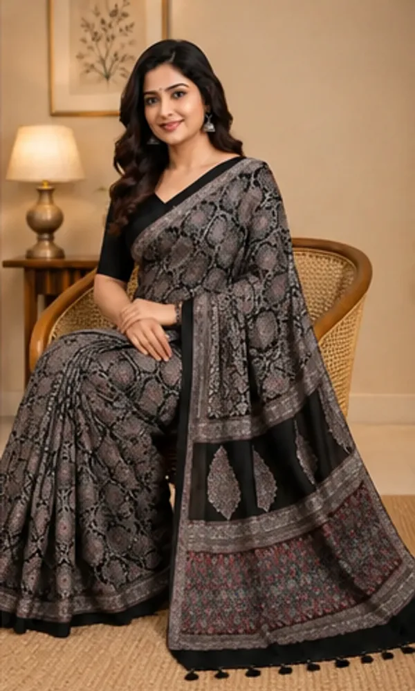 Mavanyam_Black_`Grey_Ajrakh_Silk_Saree