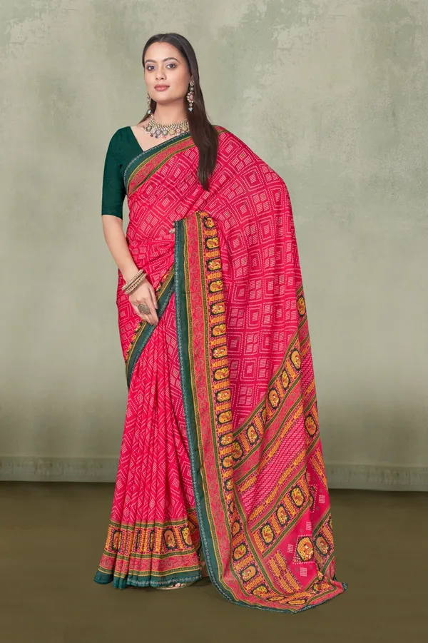 Traditional_Pink_Bandhani_Print_Saree_With_Green_Border
