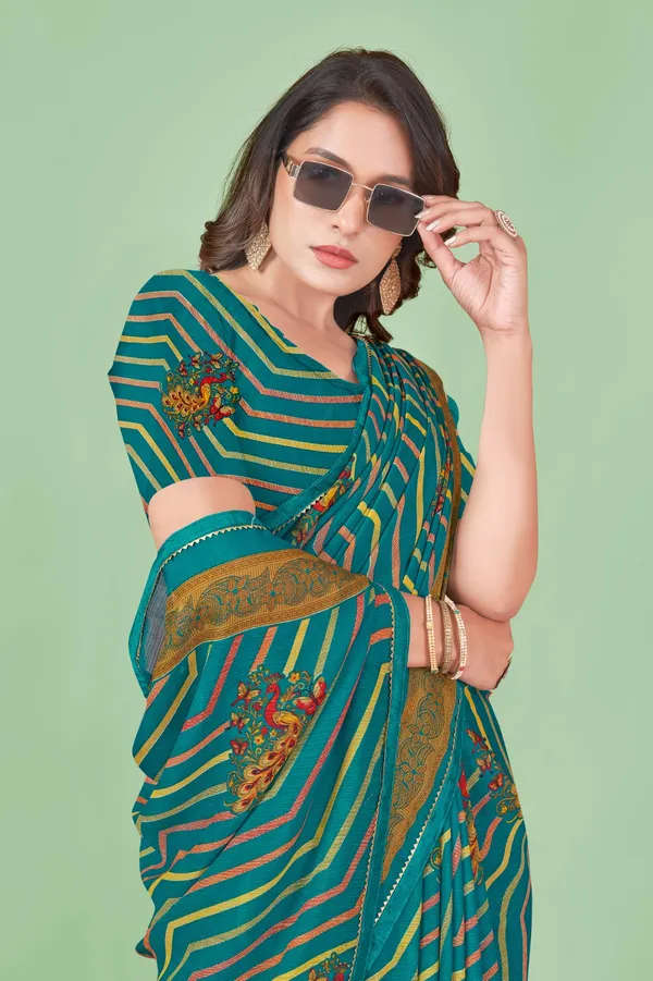 Teal_Green_Leheriya_Print_Georgette_Saree_With_Floral_Embroidery_And_Golden_Border
