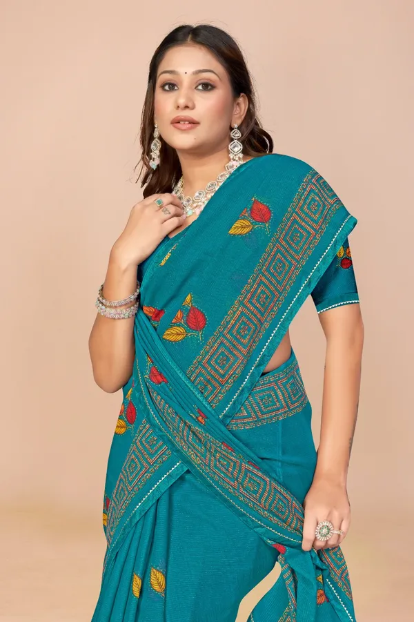 Teal_Blue_Embroidered_Floral_Saree_With_Geometric_Border