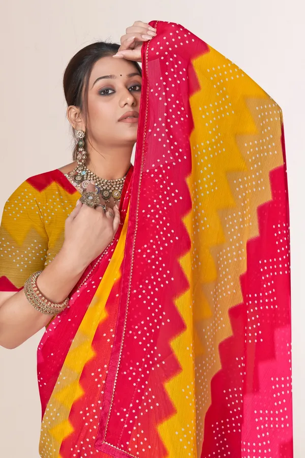Bandhani_Print_Georgette_Saree_With_Blouse_-_Yellow_And_Pink