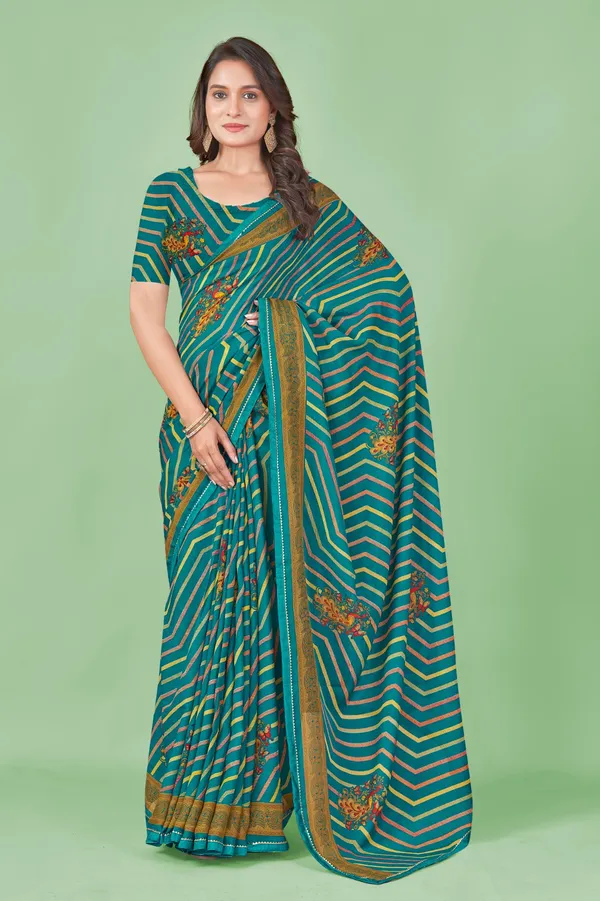 Teal_Green_Leheriya_Print_Georgette_Saree_With_Floral_Embroidery_And_Golden_Border