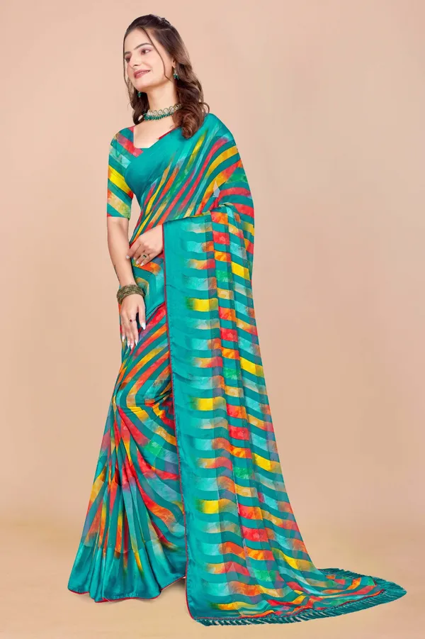 Vibrant_Multicolor_Striped_Saree_With_Turquoise_Base