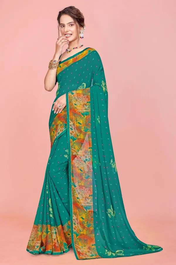 Teal_Green_Georgette_Saree_With_Floral_Border_And_Sequin_Embellishments