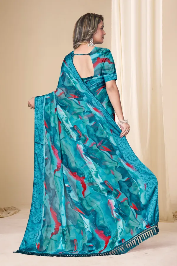Turquoise_Abstract_Print_Saree_With_Tassel_Border
