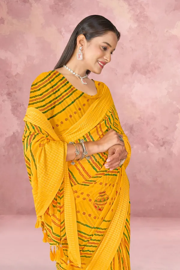Yellow_Bandhani_Print_Saree_With_Green_Leheriya_Stripes_And_Traditional_Motifs