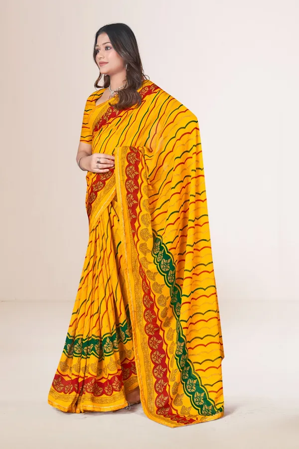 Traditional_Yellow_Leheriya_Saree_With_Red_And_Green_Border