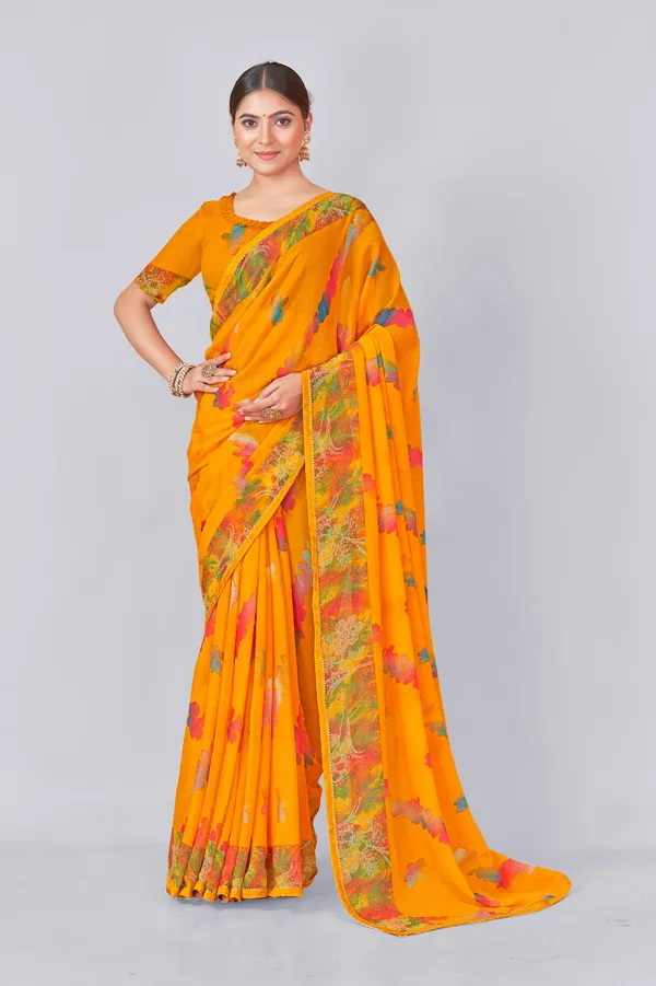 Vibrant_Yellow_Floral_Georgette_Saree_With_Contrast_Blouse