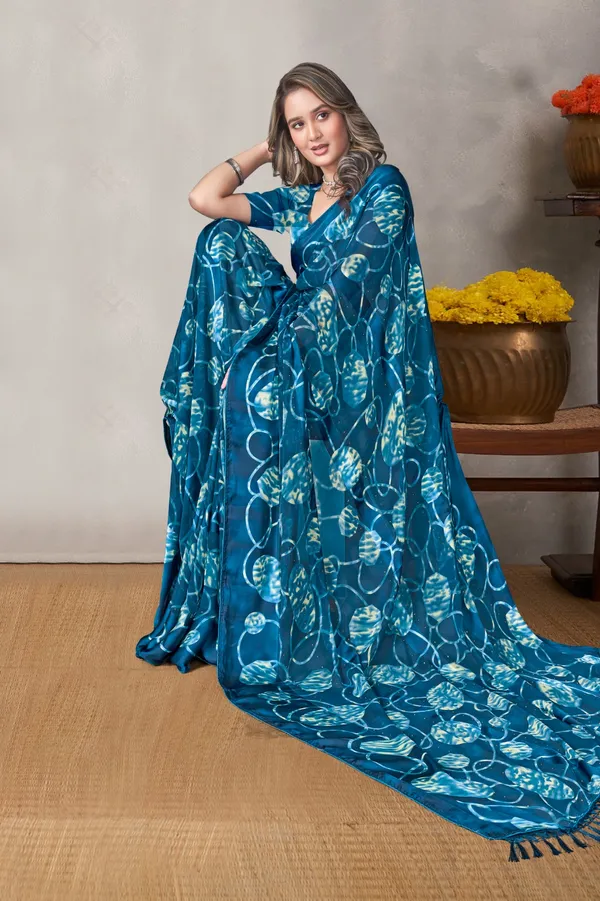 Blue_Floral_Print_Saree_With_Tassels