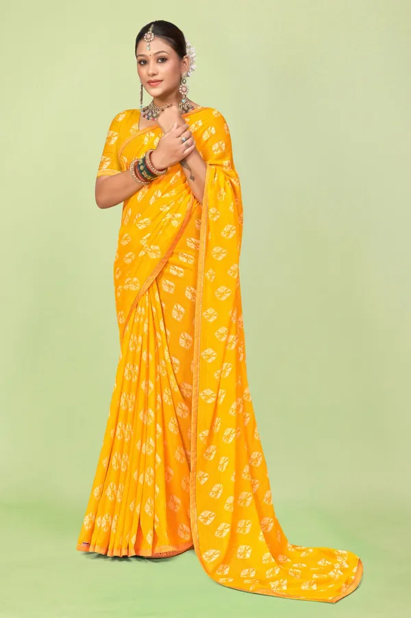 Yellow_Georgette_Saree_With_Bandhani_Print_And_Orange_Border