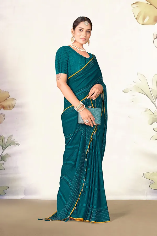 Elegant_Teal_Chiffon_Saree_With_Yellow_Border_And_Embellished_Detailing
