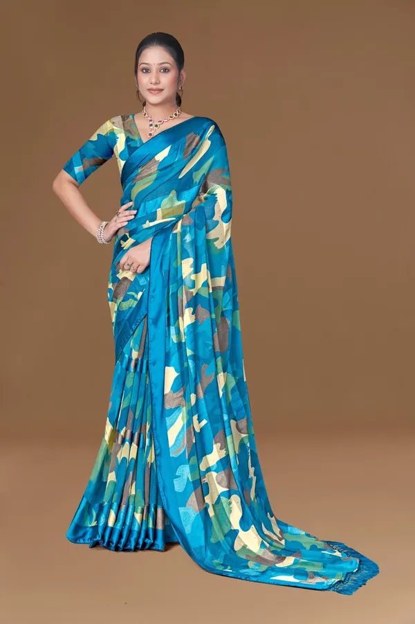 Blue_Camouflage_Print_Silk_Saree_With_Matching_Blouse_And_Tassel_Border