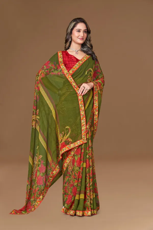 Olive_Green_Saree_With_Floral_Print_And_Red_Blouse