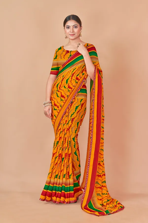 Yellow_Bandhani_Print_Saree_With_Green_And_Red_Border