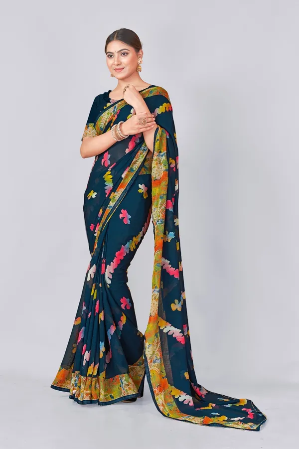 Dark_Teal_Floral_Printed_Georgette_Saree_With_Contrast_Border