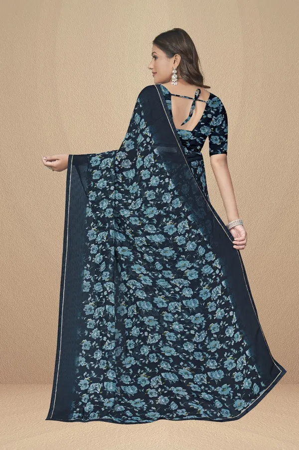 Navy_Blue_Floral_Print_Georgette_Saree_With_Matching_Blouse