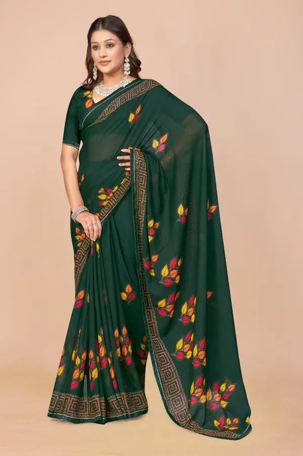 Dark_Green_Embroidered_Georgette_Saree_With_Leaf_Motifs