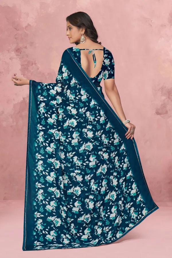 Floral_Print_Teal_Blue_Georgette_Saree_With_Blouse