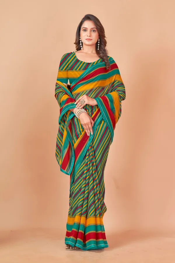 Multicolor_Striped_Georgette_Saree_With_Matching_Blouse
