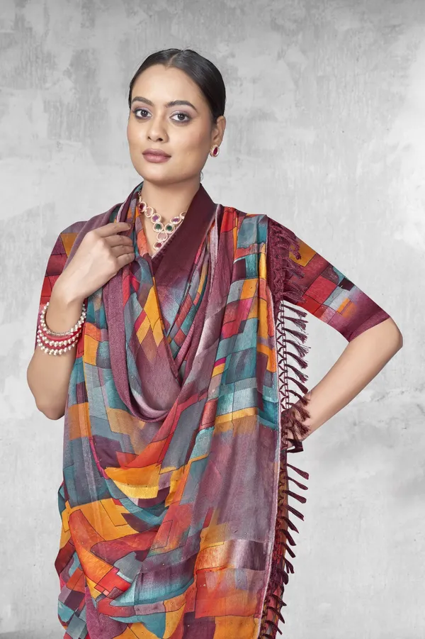 Multicolor_Geometric_Print_Satin_Silk_Saree_With_Maroon_Border