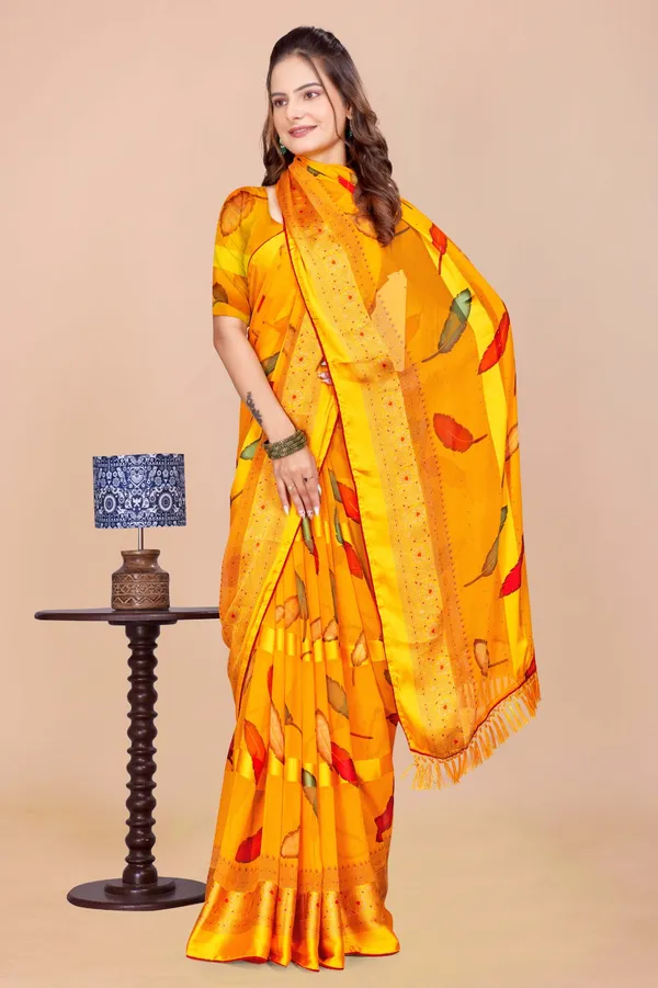 Yellow_Printed_Saree_With_Embellished_Border_And_Matching_Blouse