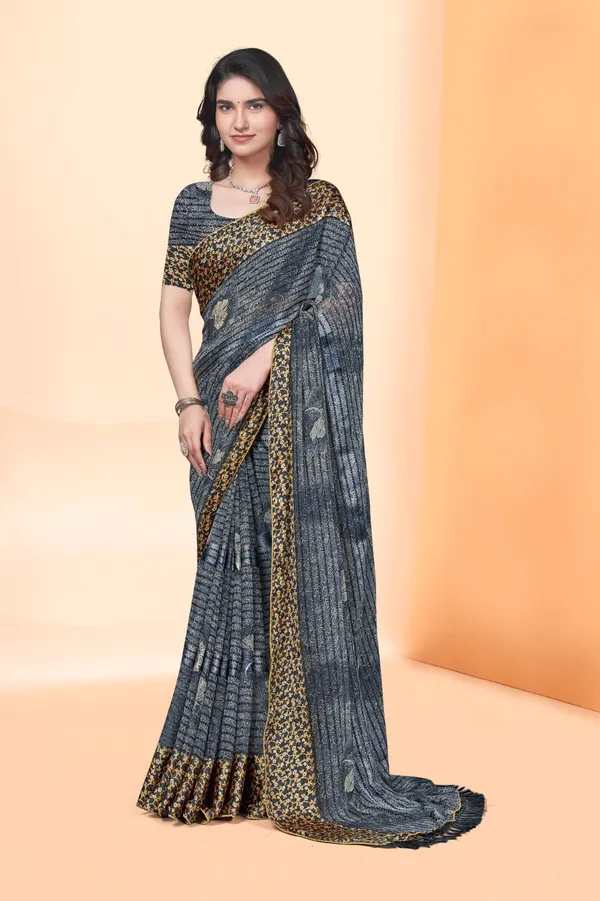 Grey_Designer_Saree_With_Golden_Border_And_Sequined_Blouse