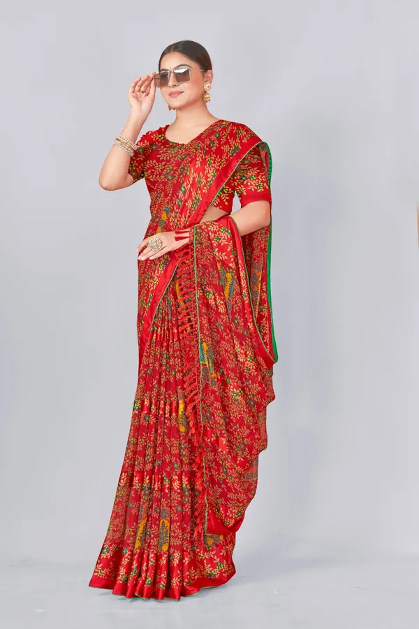 Red_Patola_Print_Saree_With_Green_Border_And_Matching_Blouse