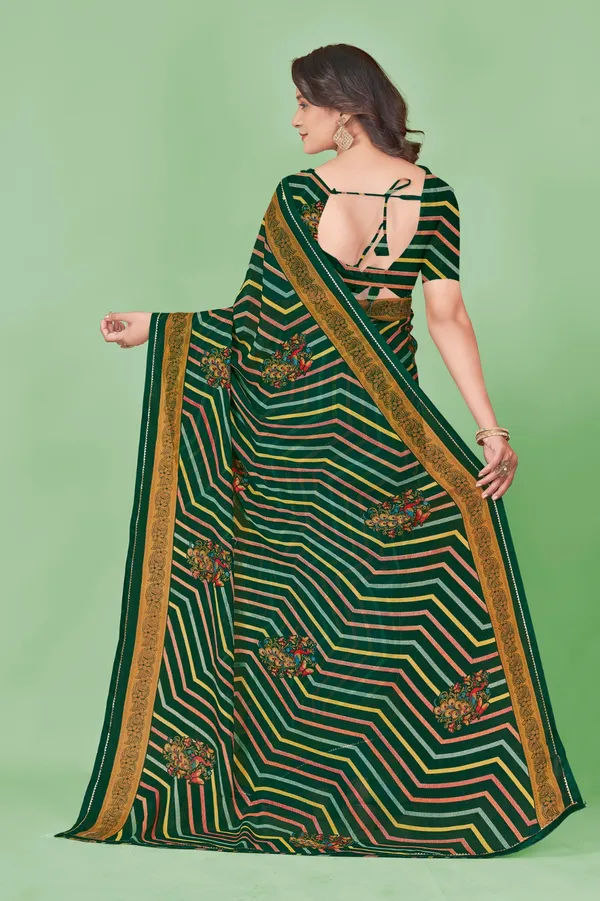 Green_And_Gold_Leheriya_Saree_With_Floral_Embroidery