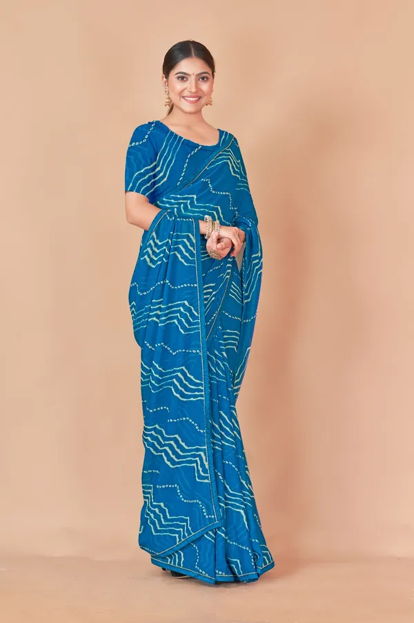 Blue_Bandhani_Print_Georgette_Saree_With_Blouse