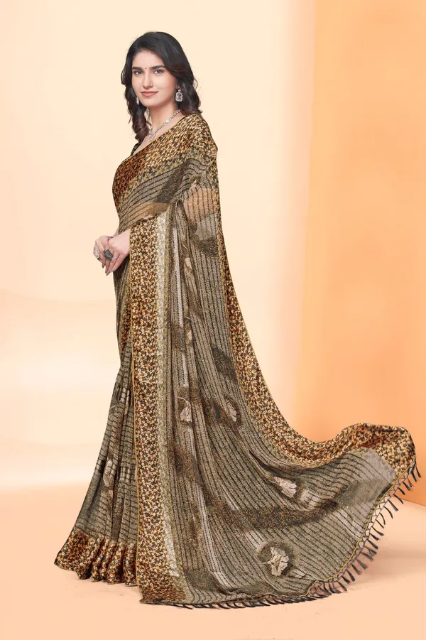 Brown_And_Gold_Printed_Saree_With_Sequin_Border_And_Tassels