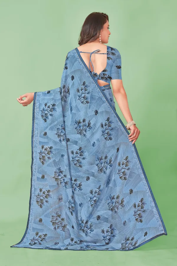 Blue_Floral_Printed_Georgette_Saree_With_Designer_Blouse