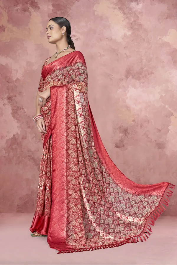Red_Banarasi_Silk_Saree_With_Golden_Zari_Work_And_Matching_Blouse